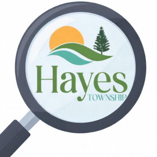 "Hayes Township logo with magnifying glass symbolizing government transparency and public oversight"